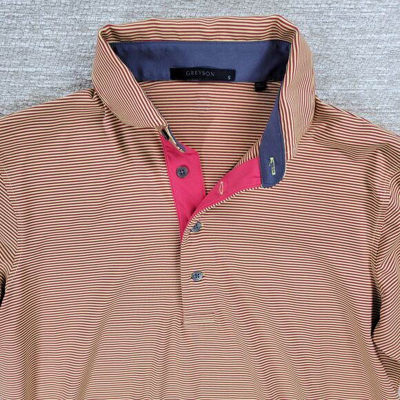 Greyson Saranac Polo Shirt Mens Small Gold Red Stripe Golf Performance - Picture 4 of 13